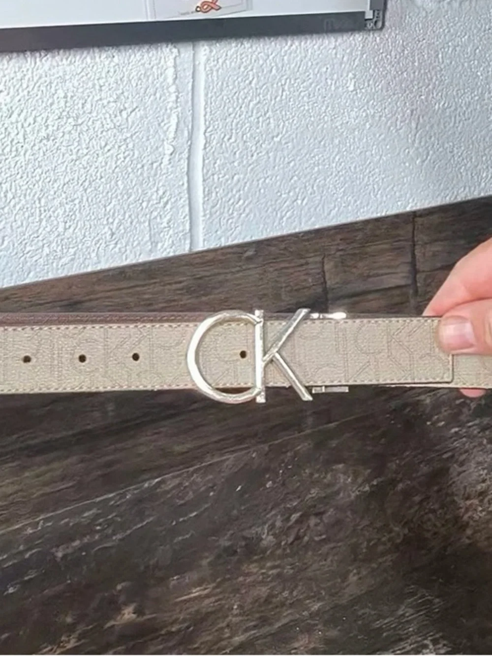 Calvin Klein Beige and Brown Logo Buckle Belt